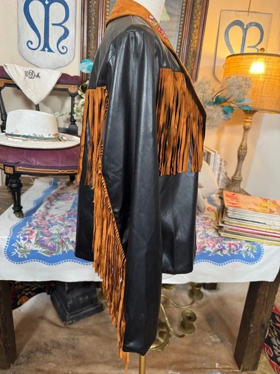 NWT Savanna Jane Black Leather Jacket with Tan Embroidered Fringe Collar - Picture 4 of 6